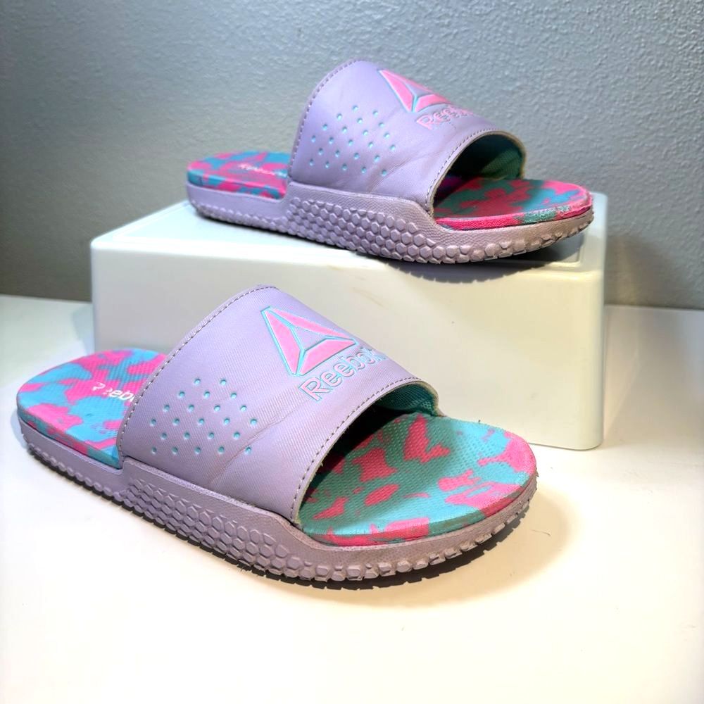 Reebok Pervade Dual Density Comfort Slides Lavender Pink & Blue Camo Girl's sz 3